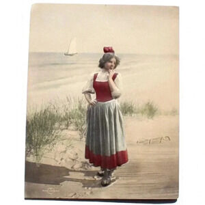 Antique Vtg Girl On Beach Alfred S. Campbell Art Relievo 3-Dimen Embossed Photo